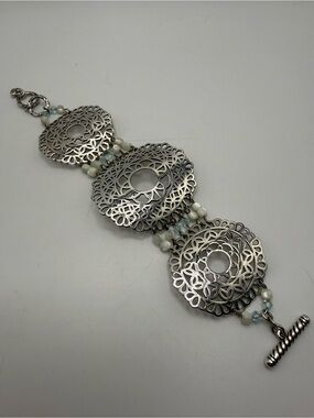 Brighton Silver Tone Filigree Bracelet White Bead Crystal Accent Toggle 6–7”